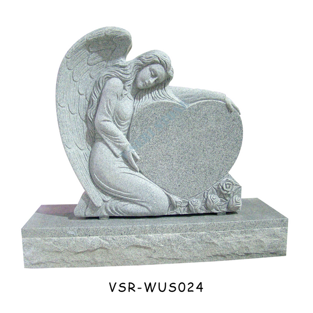 Light Grey Granite Headstone with Kneeling Angel Statue and Heart
