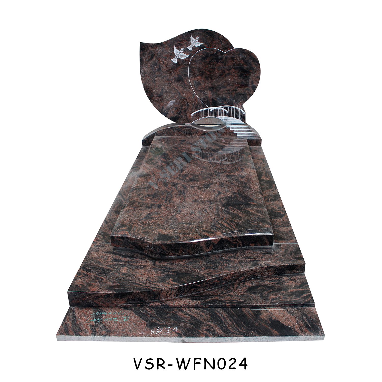 Aurora Red Granite Thomstone Headstone Memorial with Birds and Heart Pattern