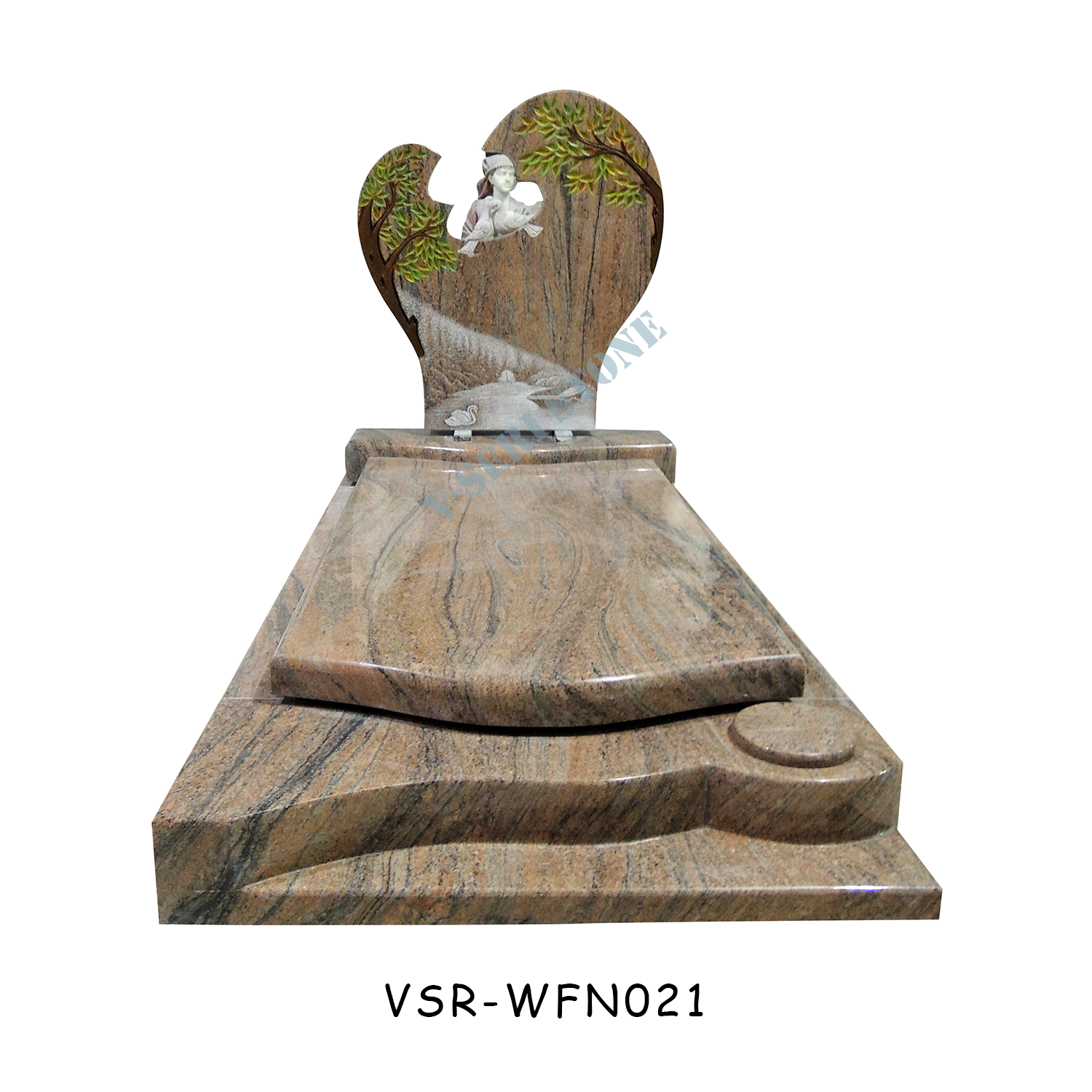 Creative and Well Made Red Granite Headstone Tombstone with People Birds Carving
