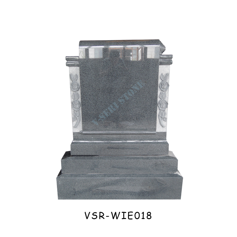 Upright Grey Granite Tombstone Gravestone with Carved Flowers