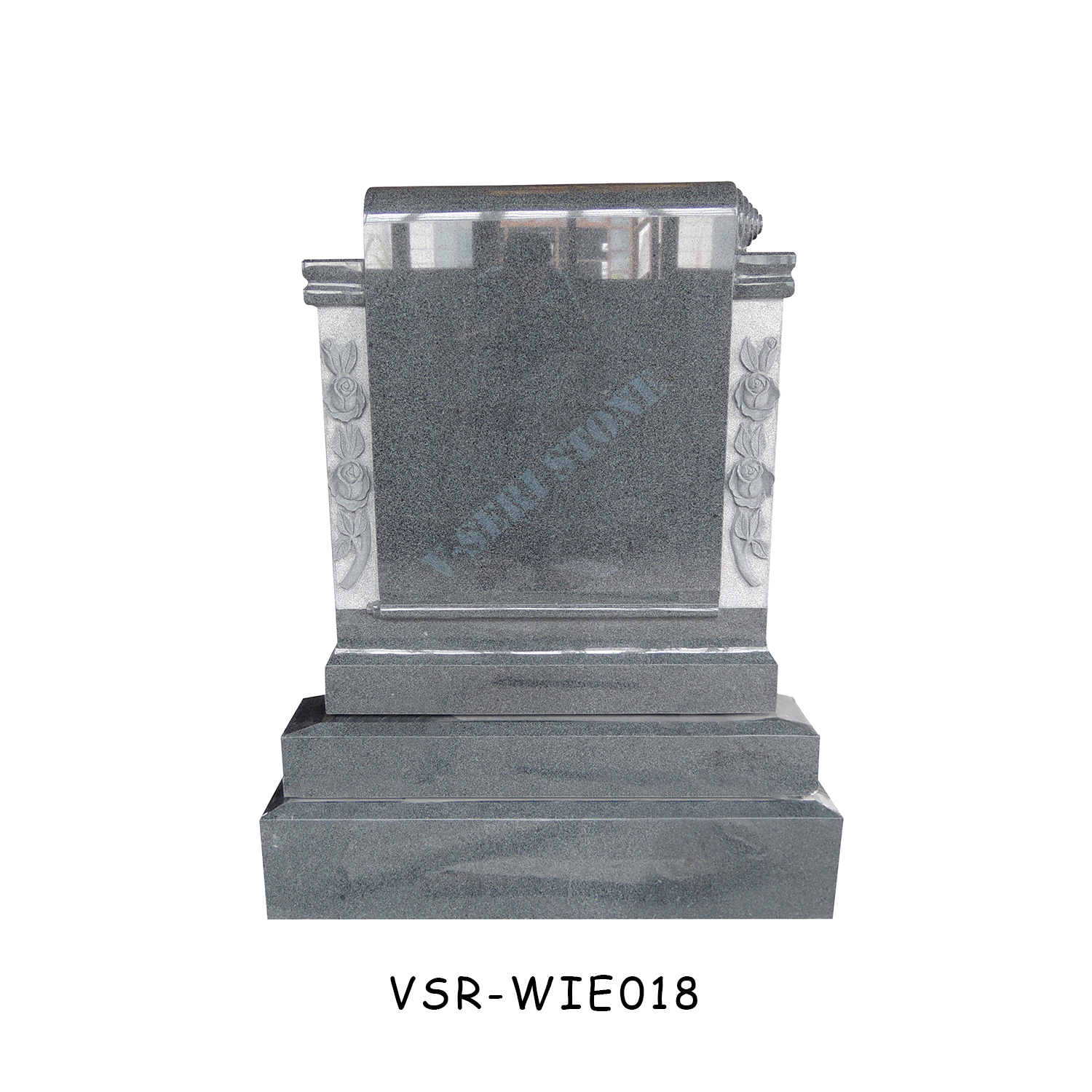 Upright Grey Granite Tombstone Gravestone with Carved Flowers