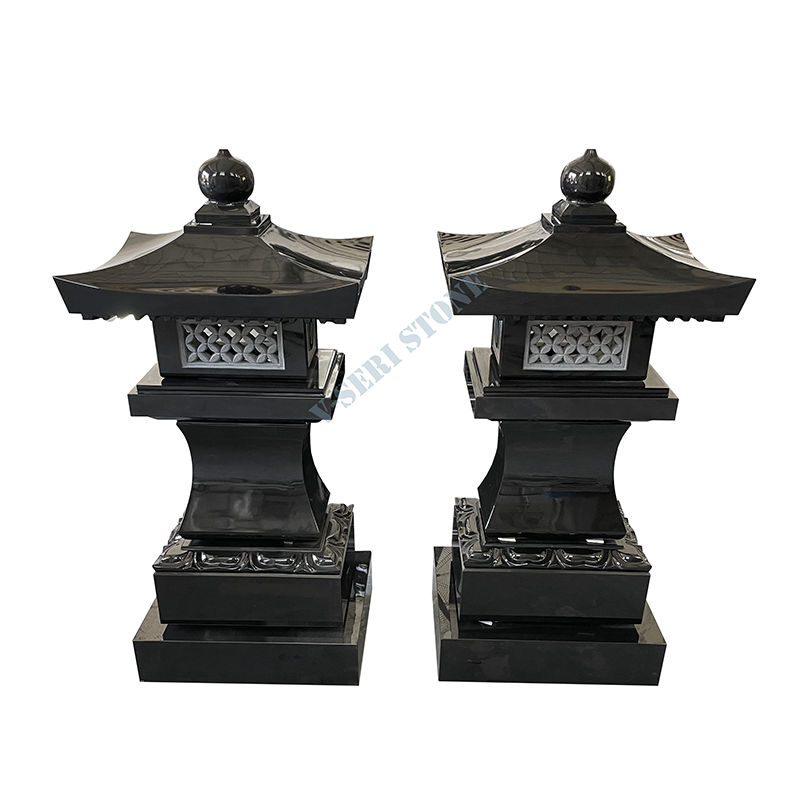 Corner Lanterns in front of Tombstone in Indian Black Granite