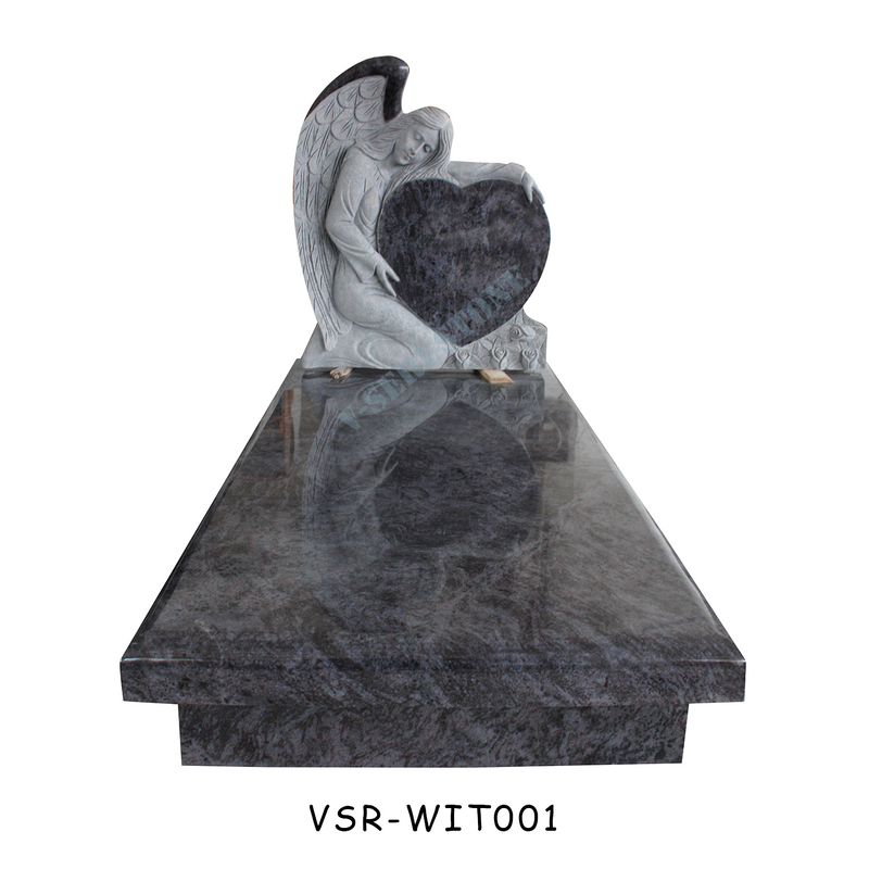 Exquisite Bahamas Blue Granite Headstone with Angel Carving Holding Heart for Celebrating Cherished Lives
