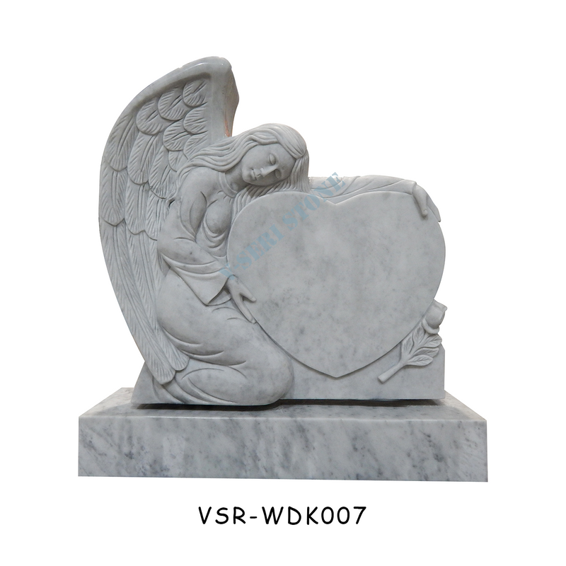 Weeping Angel Heart Shape White Marble Memorial Headstones with Rose Design