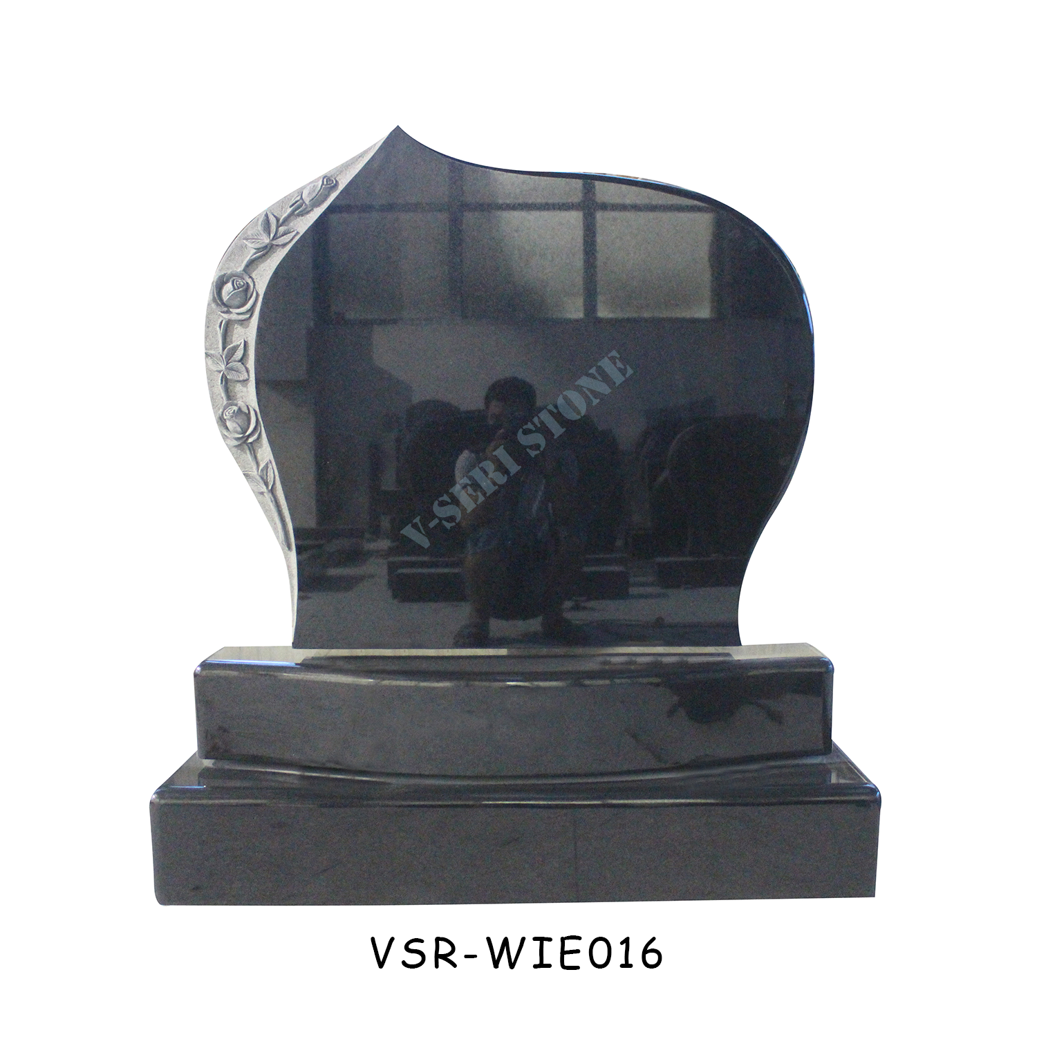 Indian Black Upright Granite Tombstone with Rose Carving