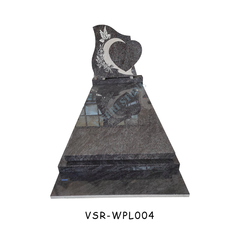 Bahama Blue Granite Love Heart Headstone with Bird and Flowers