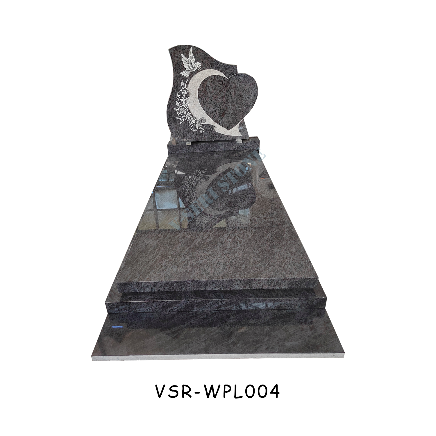 Bahama Blue Granite Love Heart Headstone with Bird and Flowers