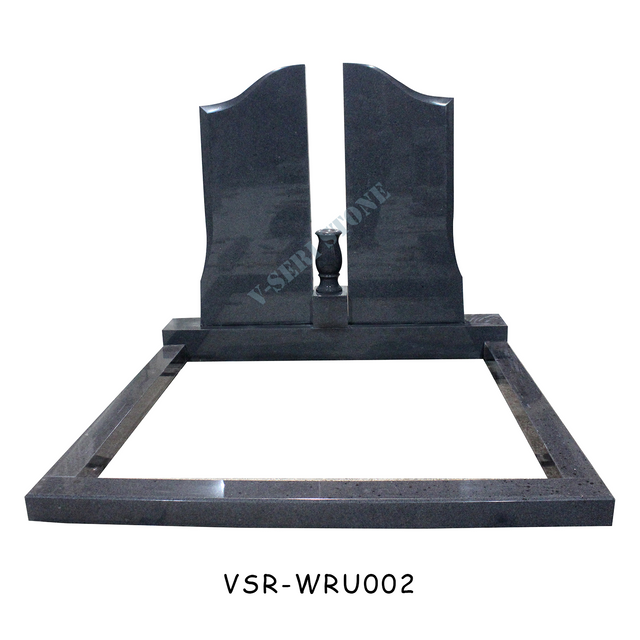 Symmetrical Wave Black Russian Marble Granite Tombstone with Granite Vase 