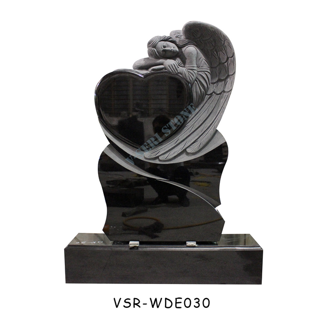 Natural Black Granite Upright Weeping Angel Headstones Holding a Heart for graves