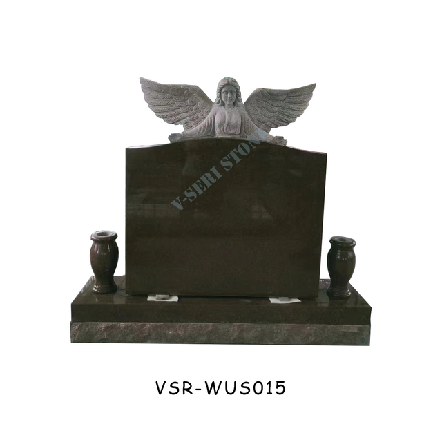 Black Granite Angel Wings Carving Statue Headstones with Flower Vases