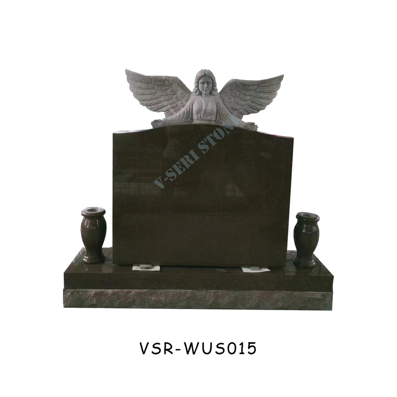 Black Granite Angel Wings Carving Statue Headstones with Flower Vases