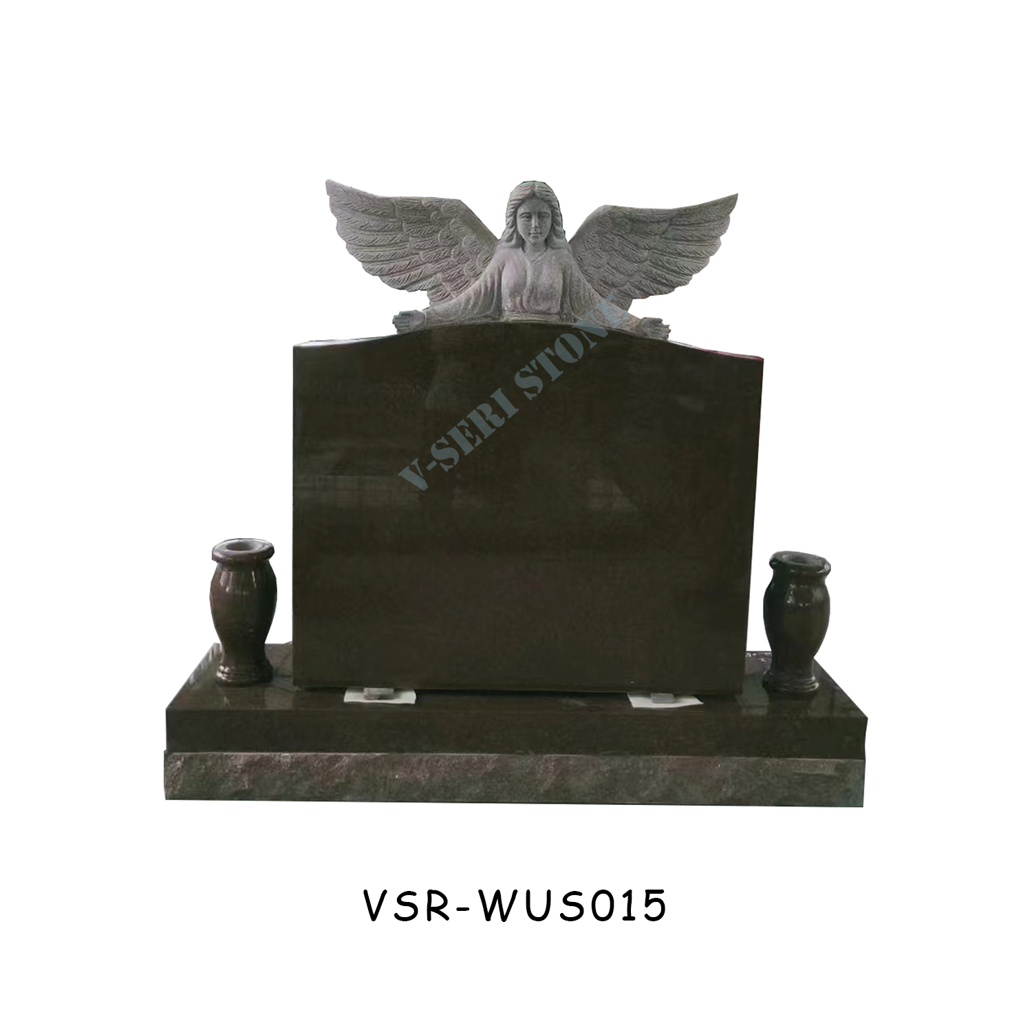 Black Granite Angel Wings Carving Statue Headstones with Flower Vases