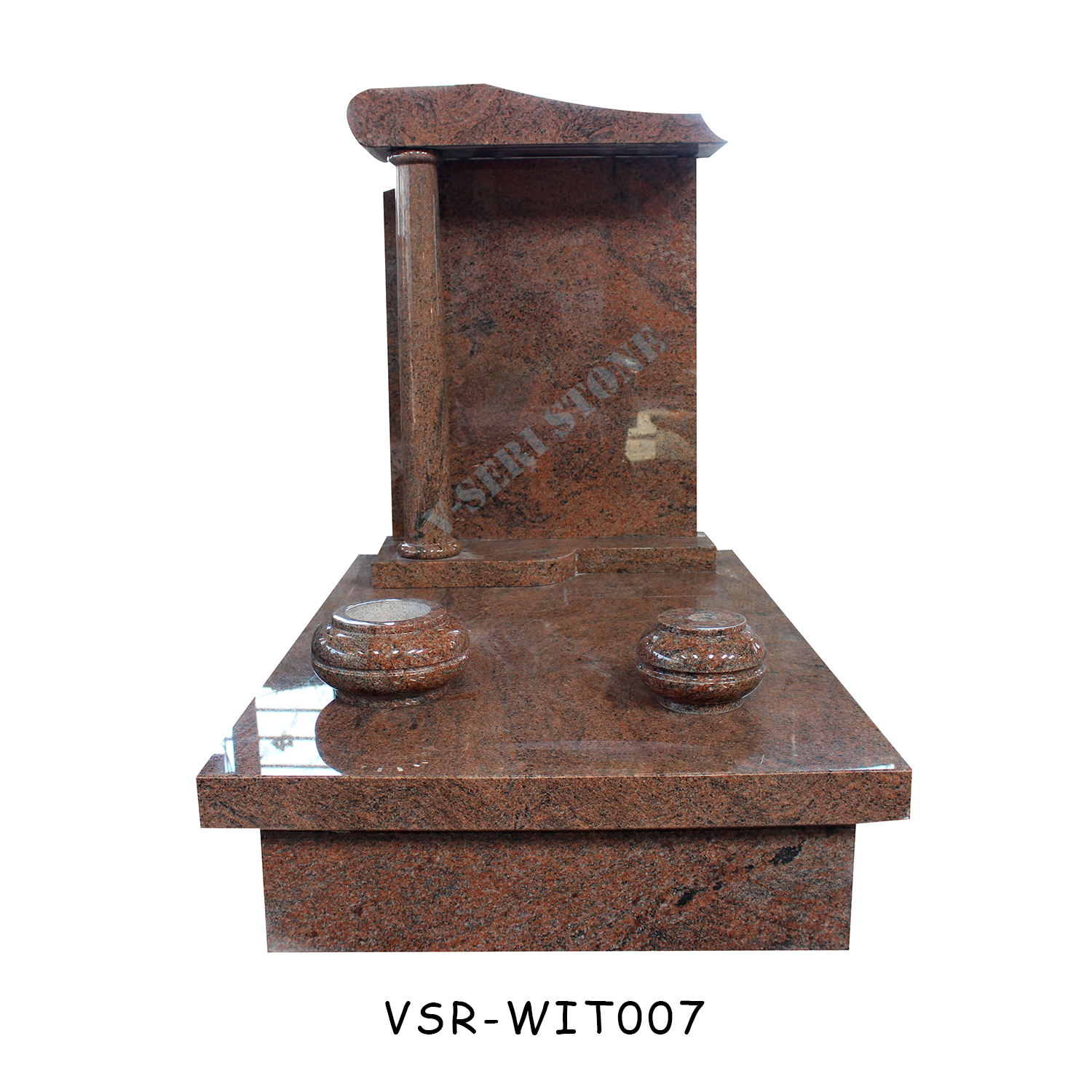 Multicolor Red Granite Headstone Grave Stone Tombstone with a Pillar and Vases