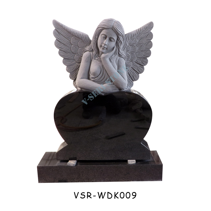Upright Angel Wings Sculpture Headstone with Heart Shaped Memorial Stones