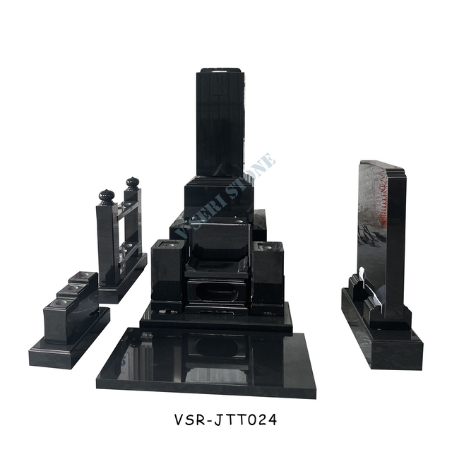 Hand Carved Black Stone Headstone Monuments with Flower Vases and Epitaph Plaque
