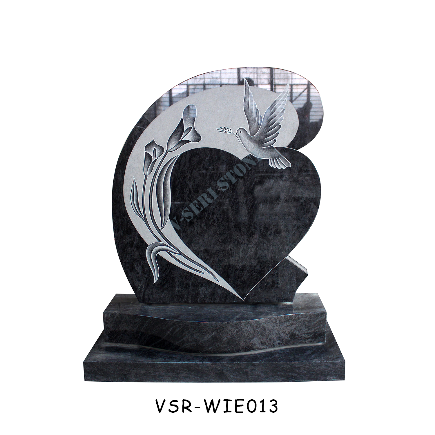 Natural Stone Bahamas Blue Granite Heart Shape Tombstone with Bird and Flower Patten