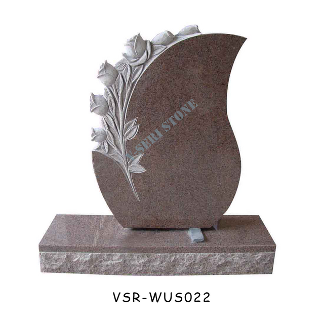 Premium Traditional Upright Stone American Headstone in Red with Roses Carved
