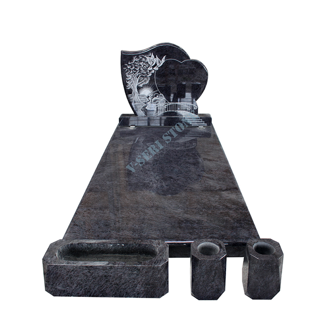 France Headstone with White Line Carving in Granite Bahama Blue
