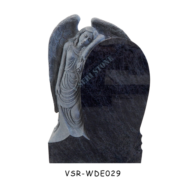 Blue Granite Cemetery Headstone with Angel Wing Statues Sculpture 