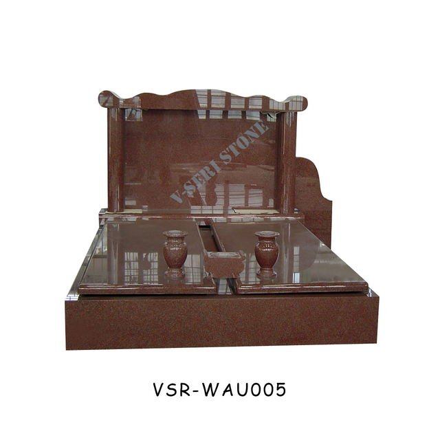 Big Size Red Granite Double Monument Tombstone with Vases