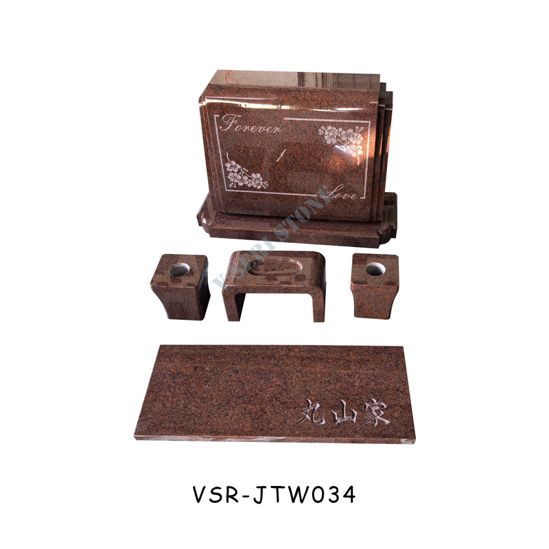 Traditional Japanese Red Tombstone Small Headstones with Flowers Design for Graves