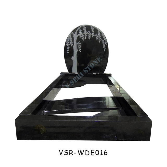 Solid Black Granite Headstone Grave Tombstone with Tree Carved