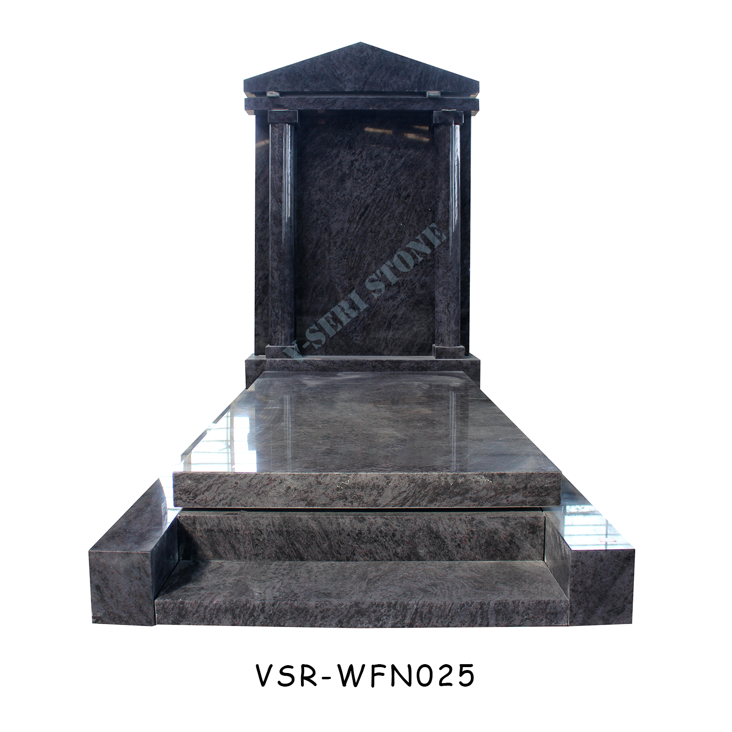Bahamas Blue Granite Single European Memorial Tombstone with Pillars 