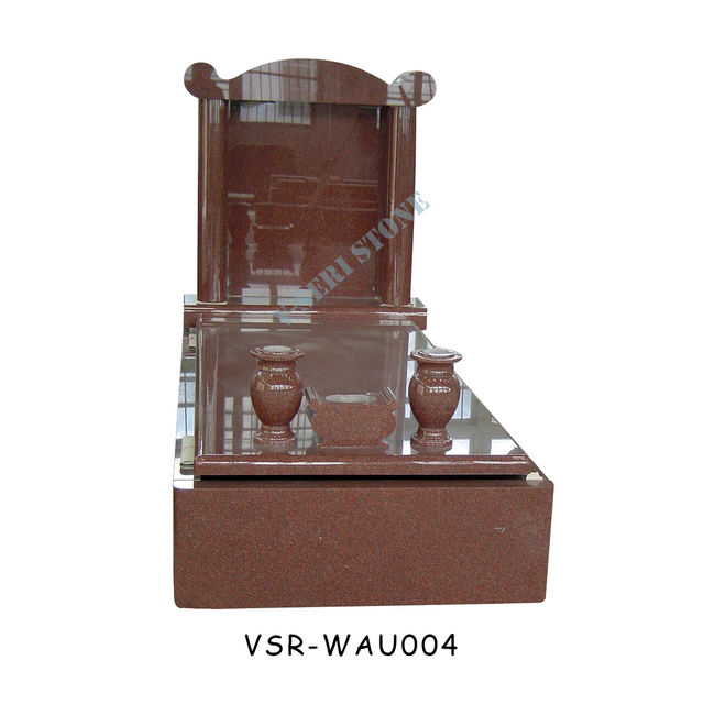 Classic Natural Stone Red Granite Tombstone with Flower Vases