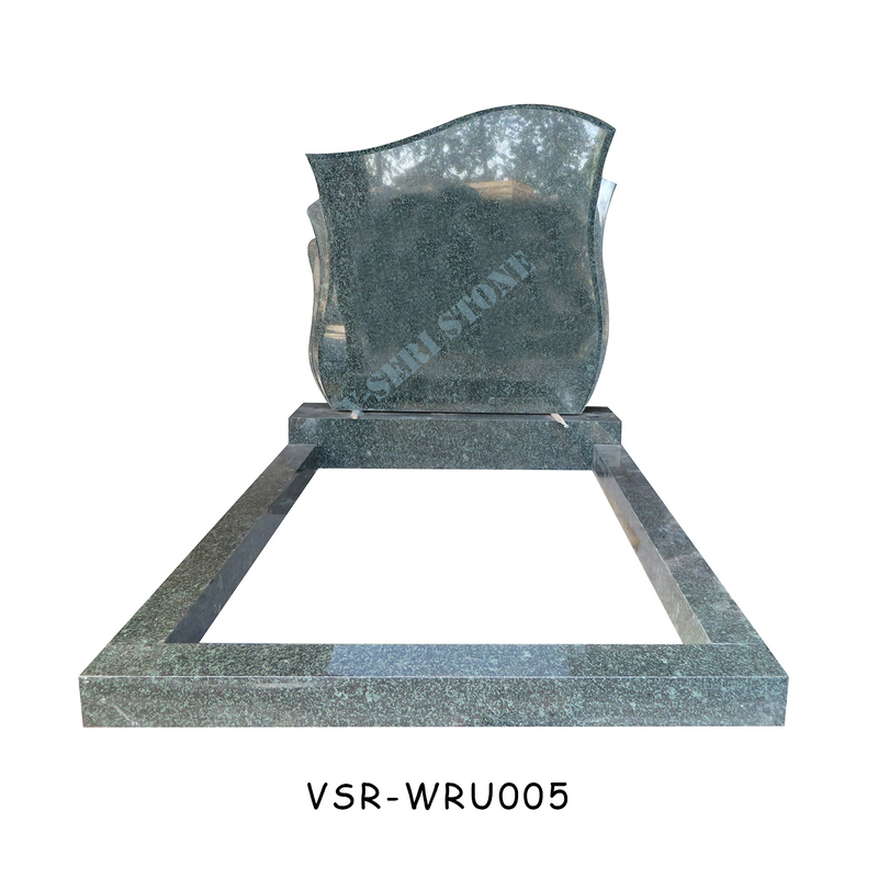 Floral Shaped and Sea Wave Design Headstone Gravestone in Forest Green Granite