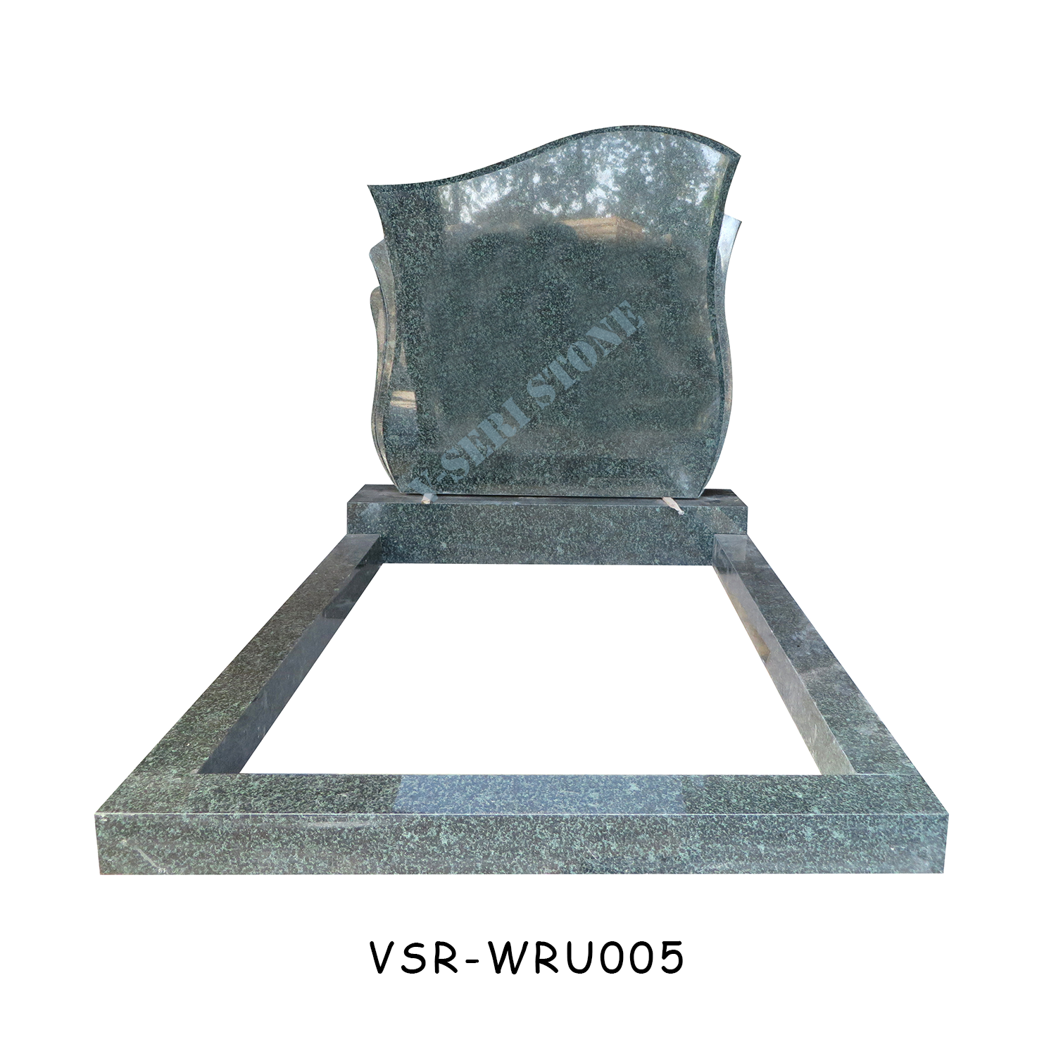 Floral Shaped and Sea Wave Design Headstone Gravestone in Forest Green Granite
