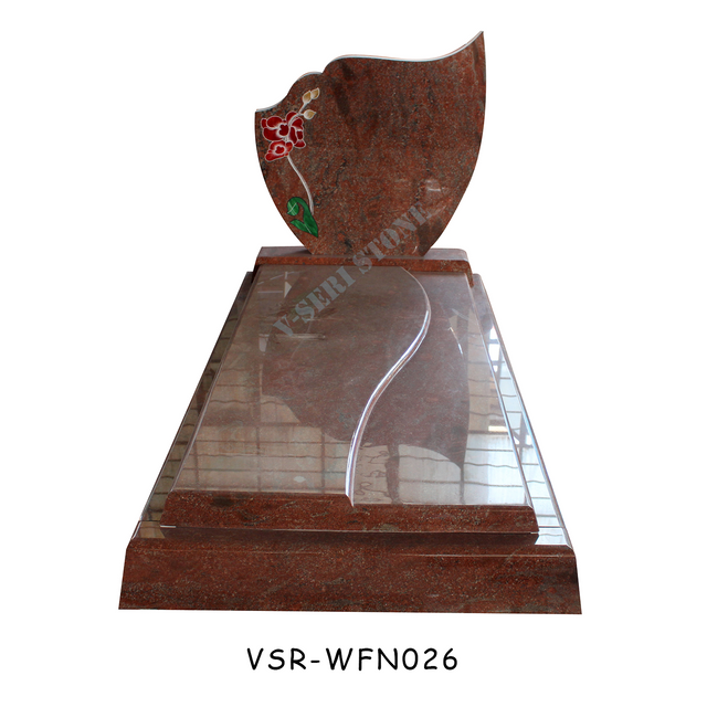 Natural Stone Red Granite Tombstone Headstone Monuments with Flower Pattern for Graveyard