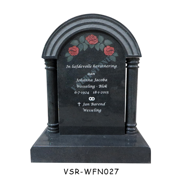 Netherland Style Roses Engraved Monuments Black Granite Headstone with Pillars