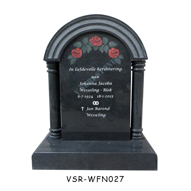 Netherland Style Roses Engraved Monuments Black Granite Headstone with Pillars