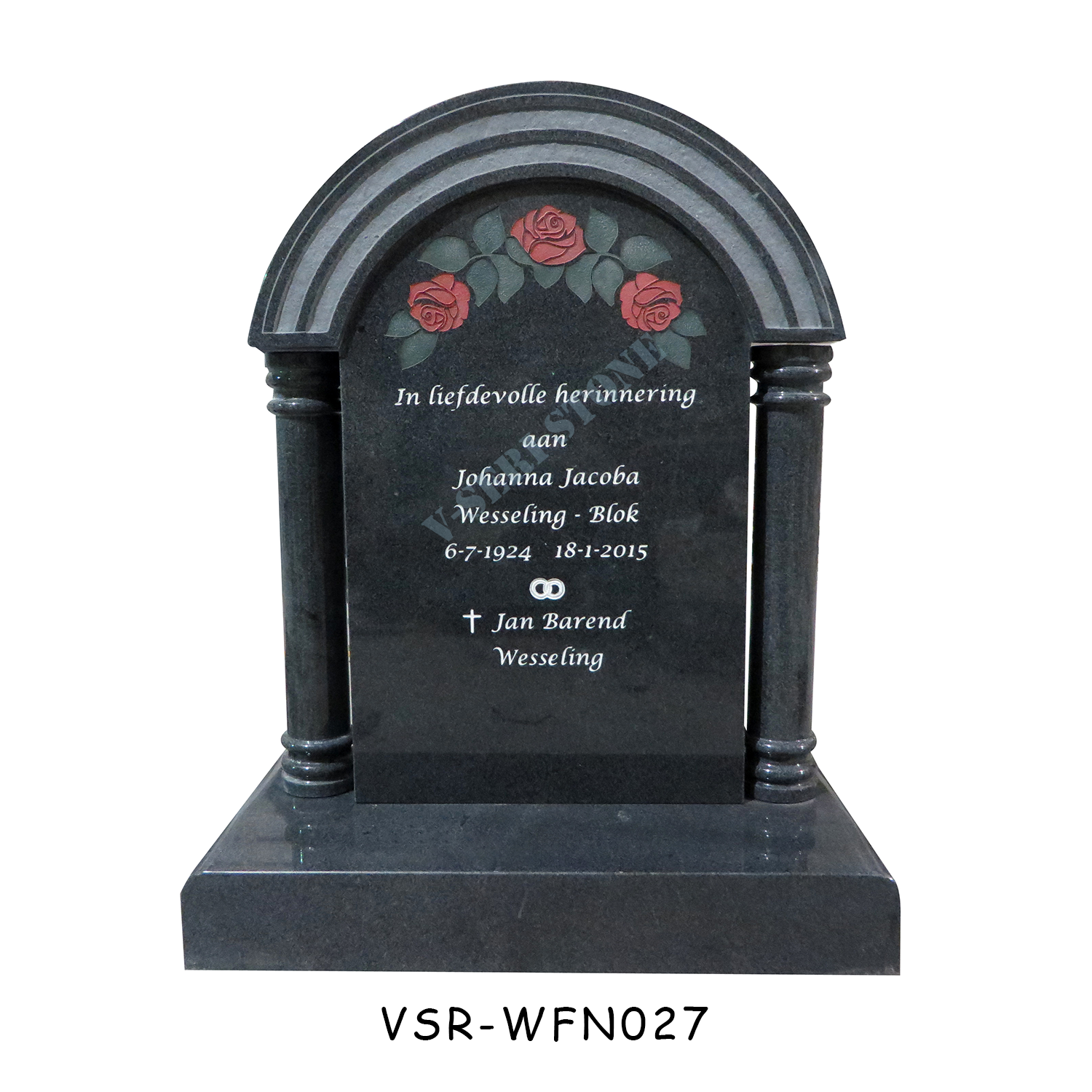 Netherland Style Roses Engraved Monuments Black Granite Headstone with Pillars