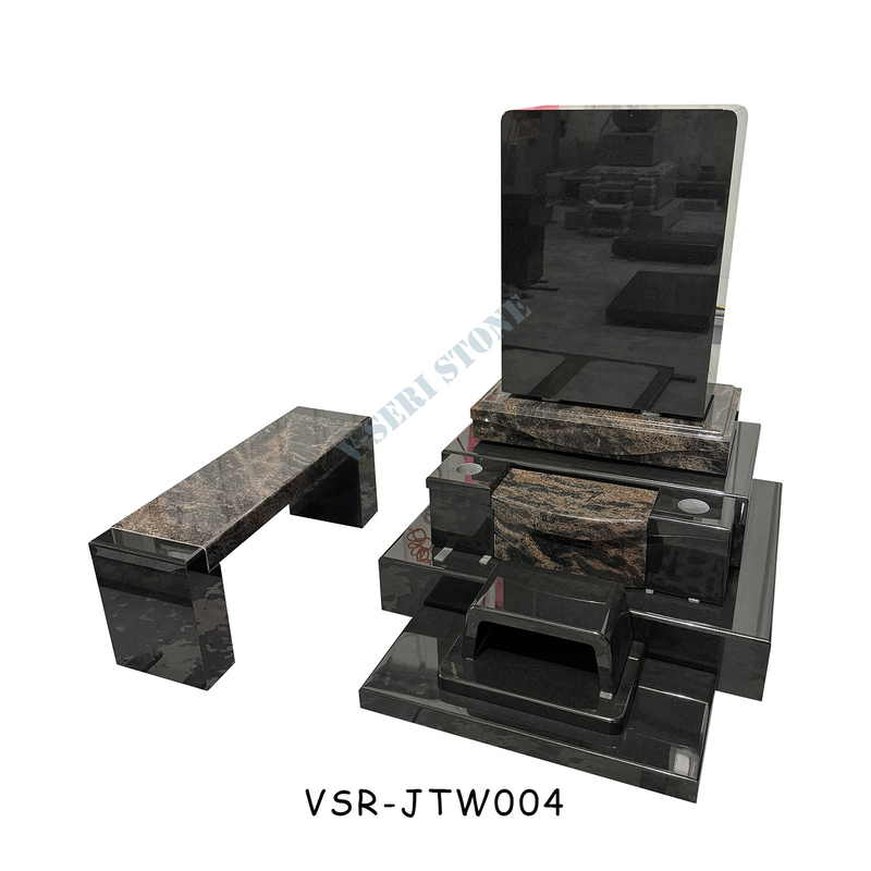 Personalized Two-Tone Combined Black and Brown Granite Headstones with a Bench